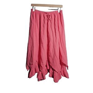 Coral Pink Gauze Cotton Midi Maxi Skirt Handkerchief Hem Asymmetric Fairy Boho S
